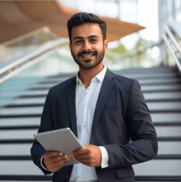 Professional in a suit holding a tablet